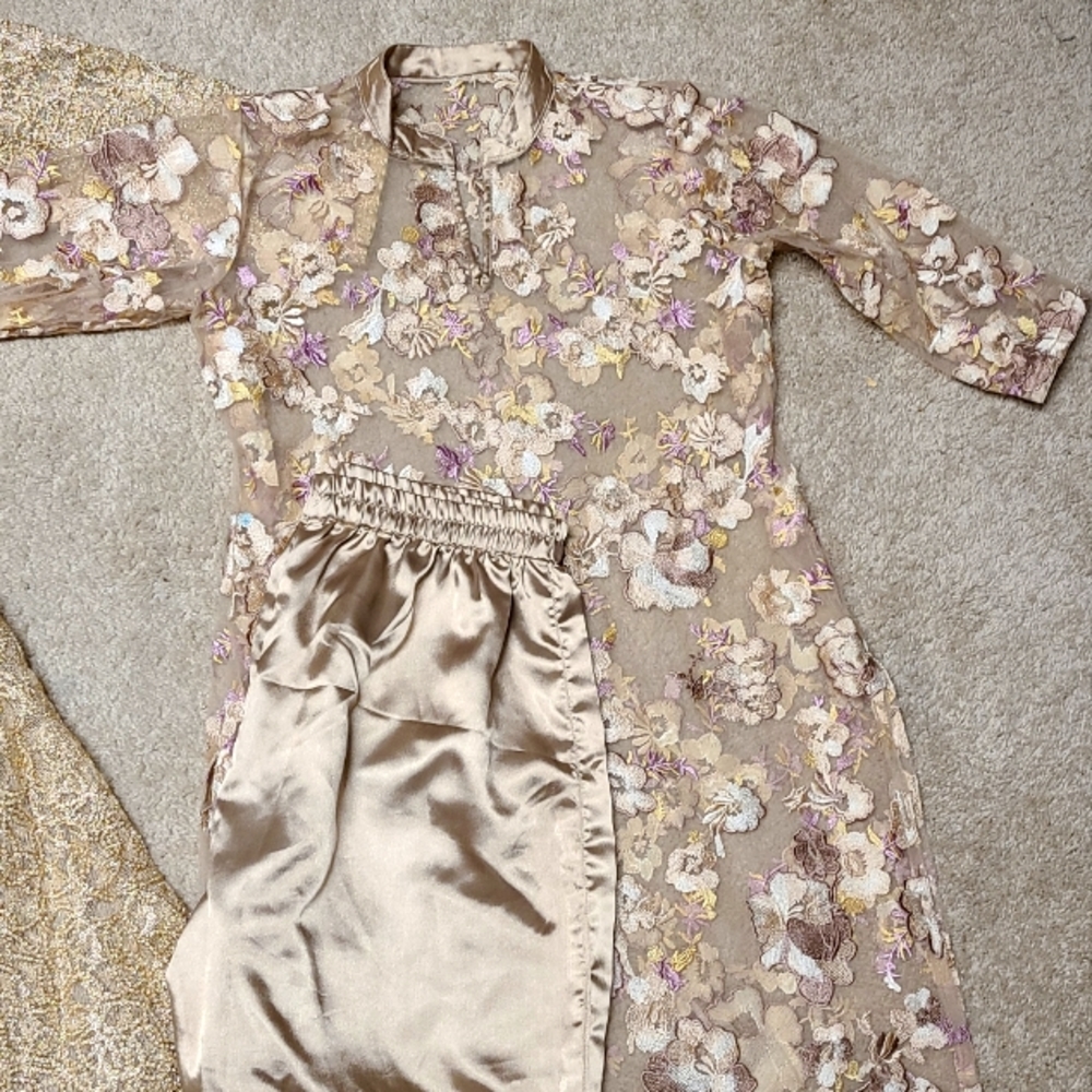 Sheer over shirt and bell bottom style pants